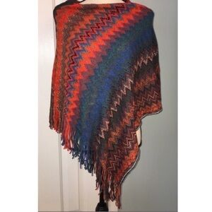 Chevron patterned stripe fringed poncho pullover sweater top fall winter spring